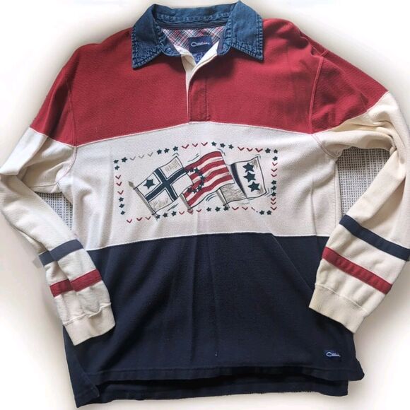 Vintage Catalina Men's L Quarter Red & White Flag Applique Pullover Striped - Picture 1 of 9